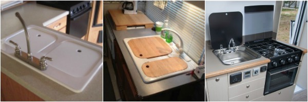 RV Kitchen Sinks - these wooden chopping board sink covers are my favorite way of gaining extra counter space in a space RV kitchen.