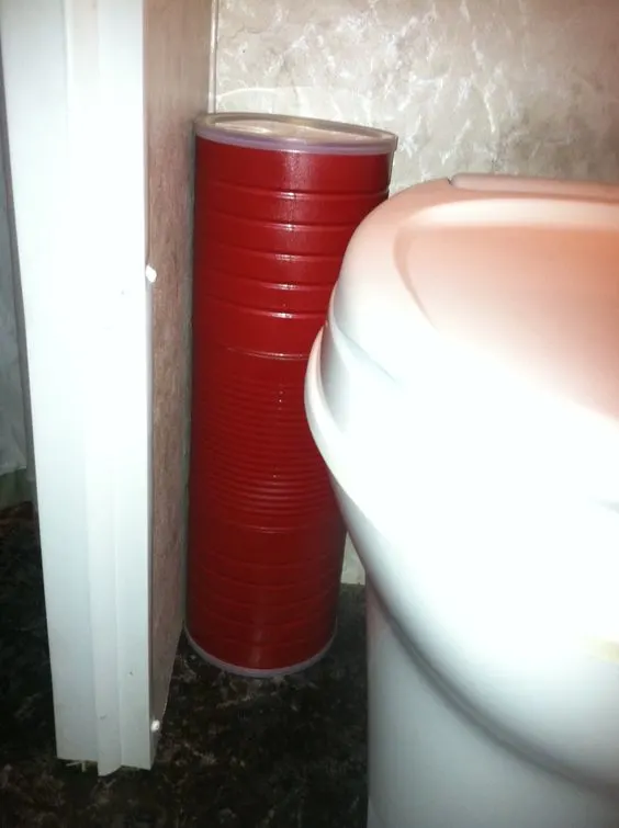 Small Bathroom Storage Ideas - coffee cans taped together hold toilet paper behind or beside the toilet.