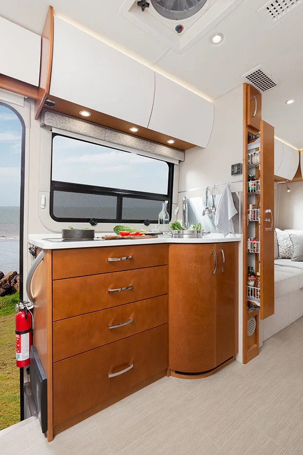 Small Kitchen Storage Ideas - the pull out pantry is often standard on many new model RVs, but if you're thinking of doing an RV renovation or bus/van conversion it's worth keeping these in mind!