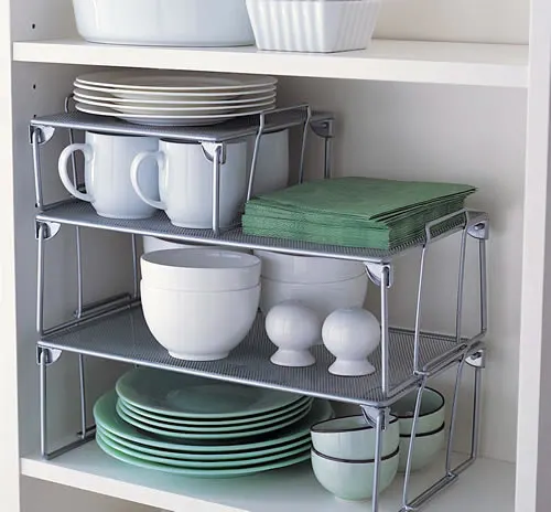 Small Kitchen Storage Ideas - Use small stackable shelves - when you need to utilize all the space you can in your small RV kitchen.