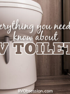 White RV toilet in a tan bathroom, with text that reads: Everything you need to know about RV toilets.