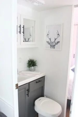 RV Bathroom Renovations - white and bright takes this dingy walkthrough bathroom to a new level