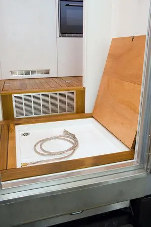 Small RV Trailers Bathroom - lift up the floor to reveal the shower tray