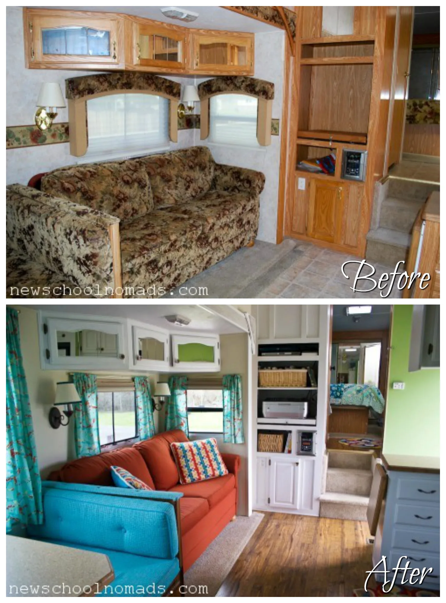 RVObsession - Fifth Wheel Renovations - Jenn and Brent from New School Nomads transformed their fifth wheel camper from dreary and brown to bright and cheerful.