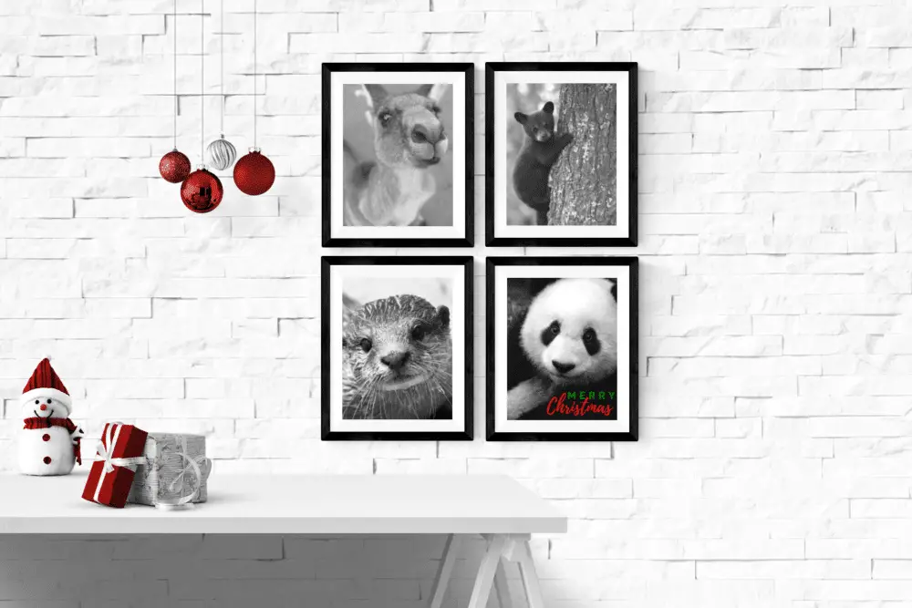 White brick wall showing 4 animals making up a Christmas poster.