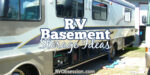 RV with storage lids open and text that reads: RV basement storage ideas.