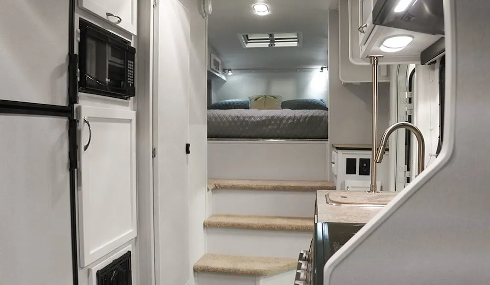 Interior of Escape 5.0 fifth wheel camper showing the bed end