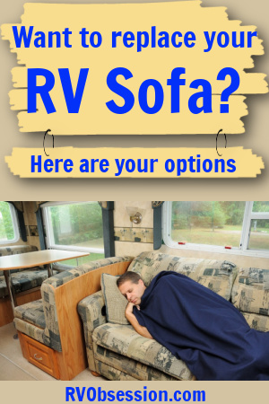Man asleep on an RV sofa with a blue blanket over him; text overlay: Want to replace your RV sofa? Here are your options.