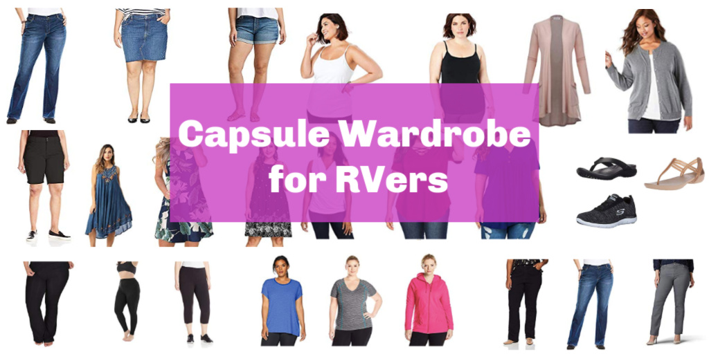 Small images of womens clothing, with text overlay: Capsule wardrobe for RVers.