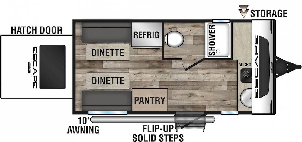 Floor plan of Escape E14 HATCH lightweight travel trailer.