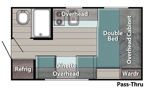 Floorplan of small lite travel trailer, showing bed, seating area, kitchen and bathroom.