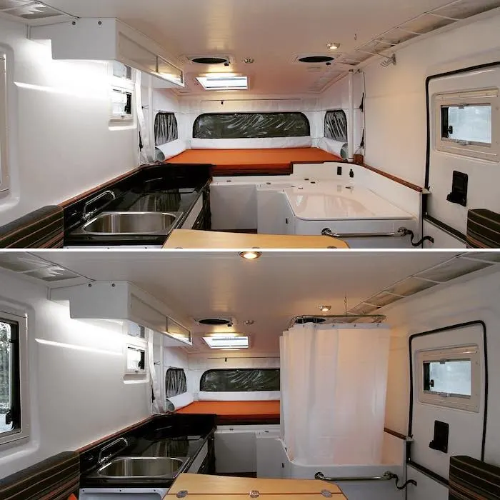 2 photos of the interior of a Nimbl truck camper. The top photo shows the shower hidden away, while the button photo shows the shower unfolded.