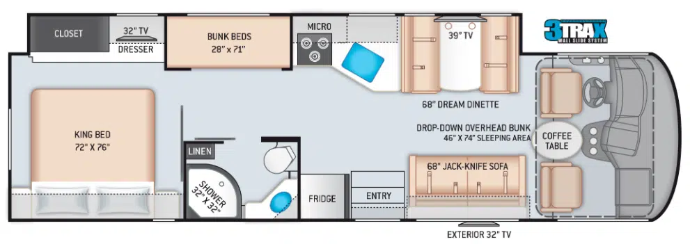 Floorplan of a Thor A.C.E Class A motorhome with bunks