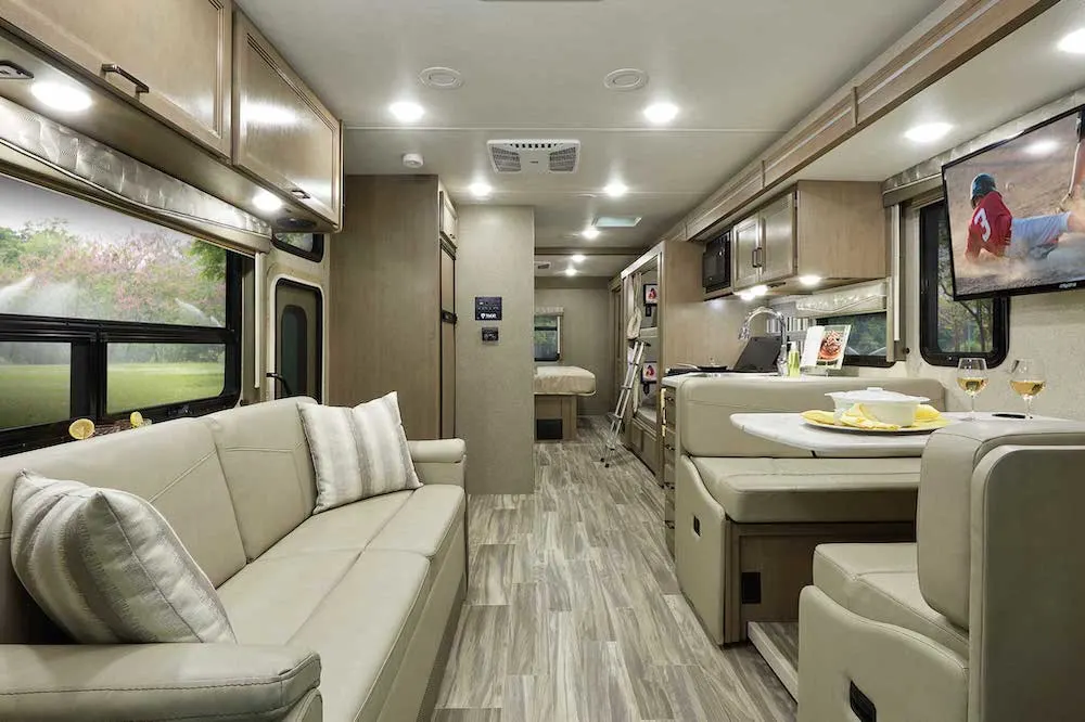 Interior view of a Thor A.C.E Class A motorhome with bunks