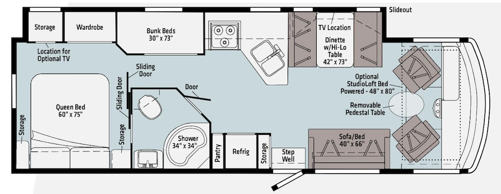 Floorplan of Winnebago Vista 31B RV showing bunk beds