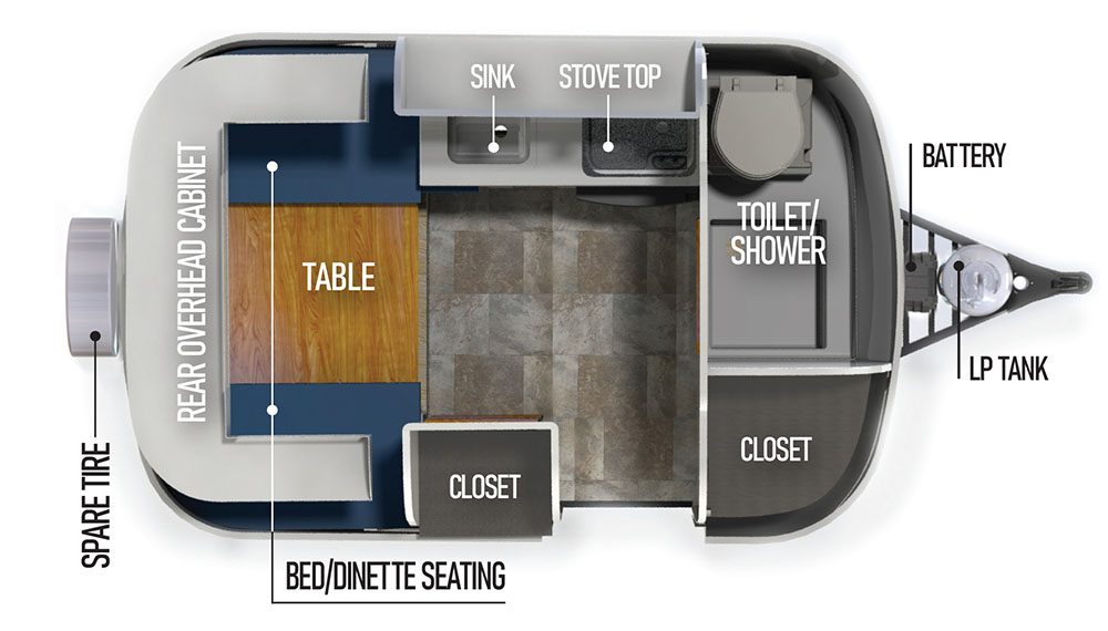 Floor plan of the Scamp 13' fiberglass travel trailer with a bathroom.