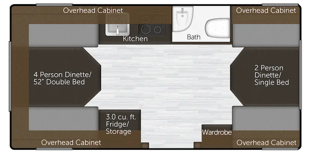 Floorplan of a small fiberglass travel trailer by Oliver