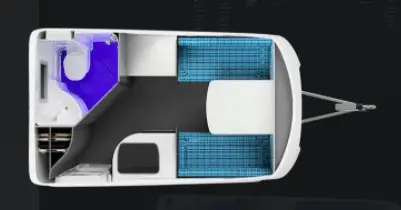 Floorplan of a Wingamm Rookie fiberglass travel trailer