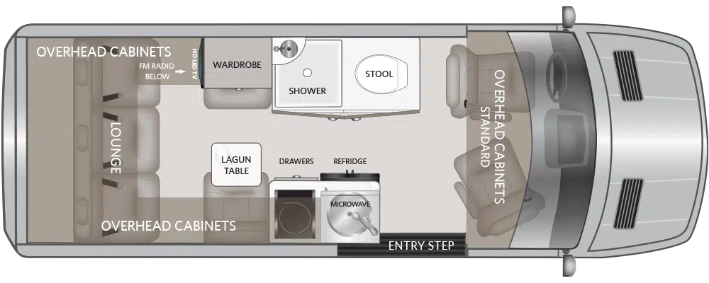 Floor plan of a 2022 American Coach Patriot campervan.