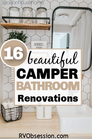 Renovated bathroom in an RV with text overlay, 16 beautiful travel trailer remodel ideas.