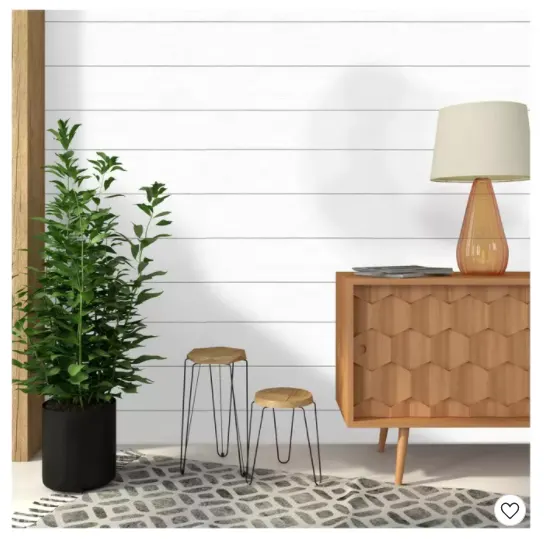 A pot plant and wooden furniture in front of a white shiplap wall.