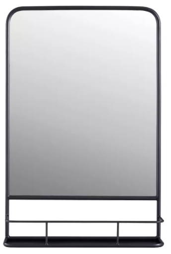 Rectangular mirror with black trim and small shelf beneath it.