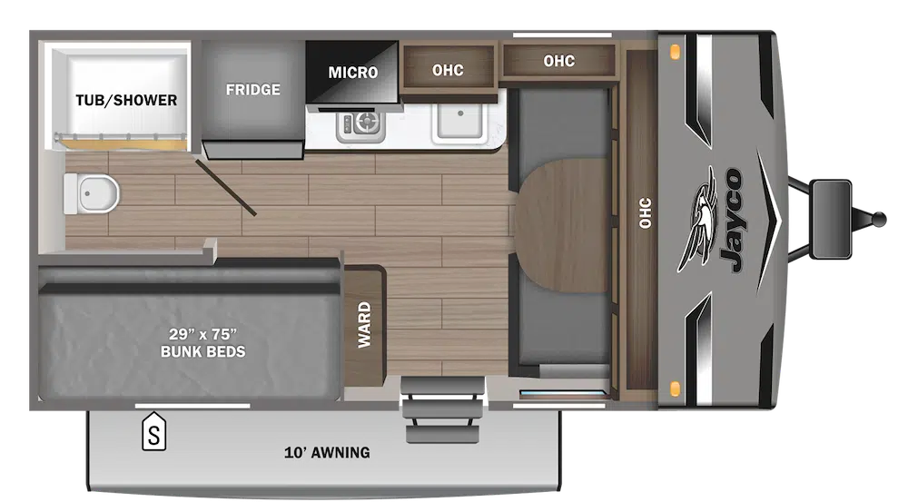 Floorplan of a Jayco Jay Flight SLX 154BH travel trailer.