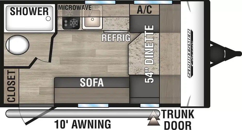 Floor plan of a KZ RV Sportsmen Classic 130RB travel trailer.