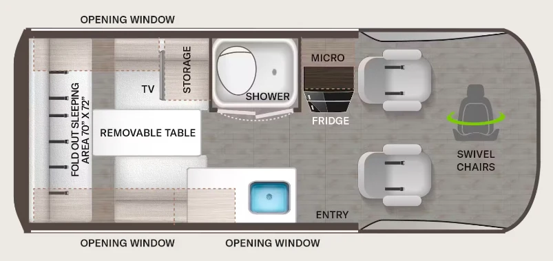 Floor plan of the Thor 19P layout of the Sanctuary and Tranquility Class B RV.