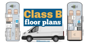Collage of campervan floor plans with text over the top that reads: Class B floor plans.