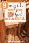 Warm brown interior of an RV with text overlay: 9 ways to make your RV feel not so small.