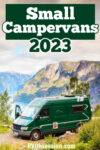 Green campervan parked overlooking a lake and mountain views, with text: Small campervans 2023.