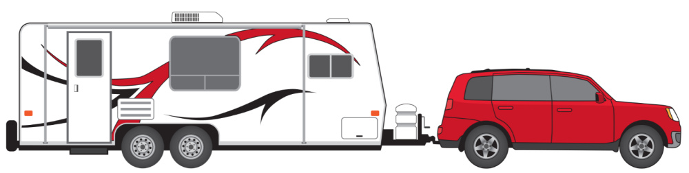 Illustration of a red SUV towing a pull-behind camper.