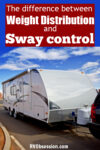 Pull-behind camper in the US with text overlay: The difference between weight distribution and sway control.