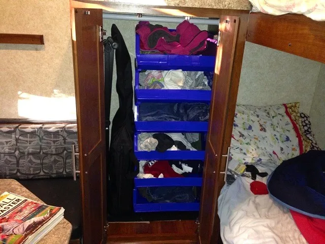 Storage ideas for RV Closets - When you don't have enough space for all your clothes but you still want to look nice while traveling, it's important to organize what space you do have! Add stacking storage bins