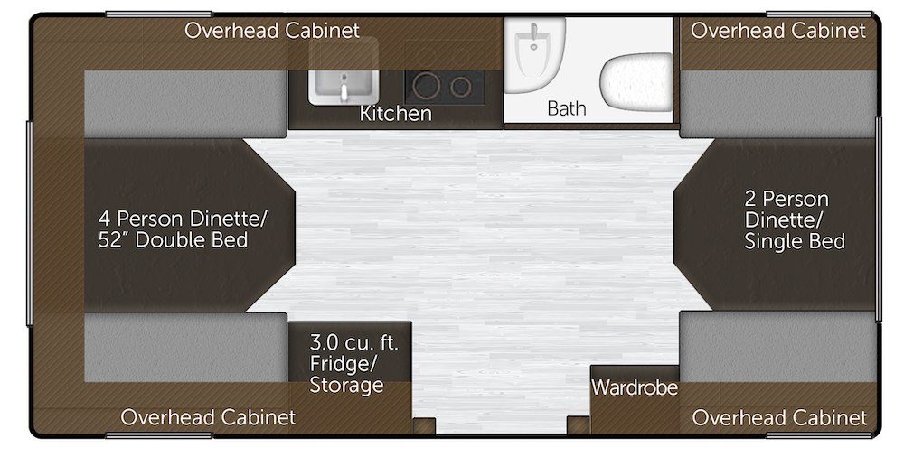 Floorplan of a small fiberglass travel trailer by Oliver