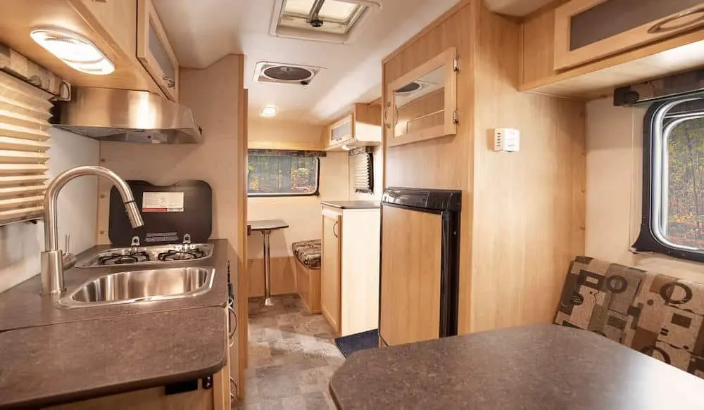 Interior view of a fiberglass travel trailer