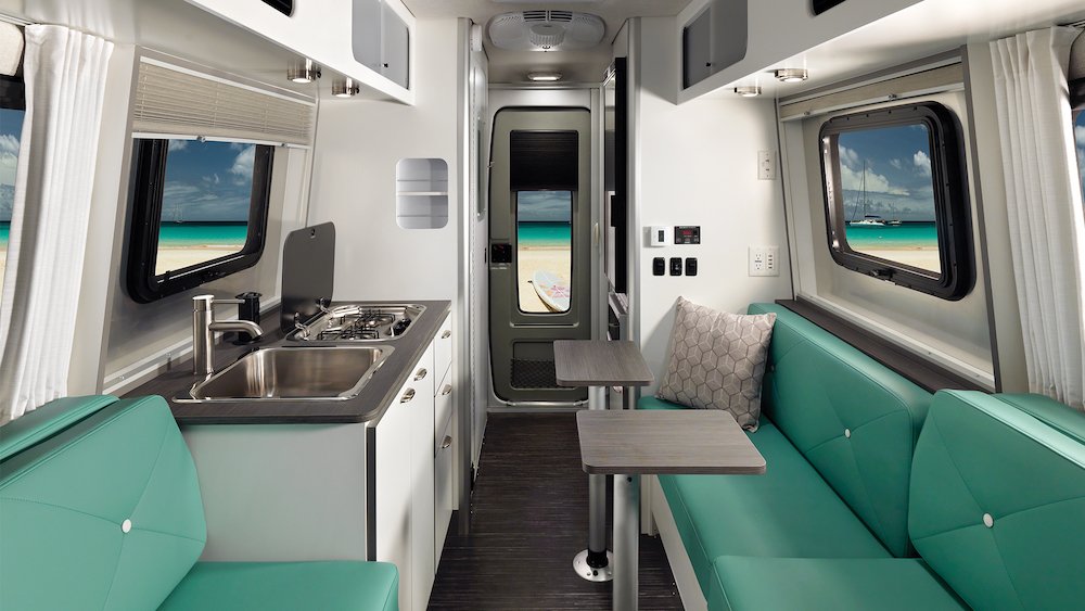 Interior view of a modern small travel trailer