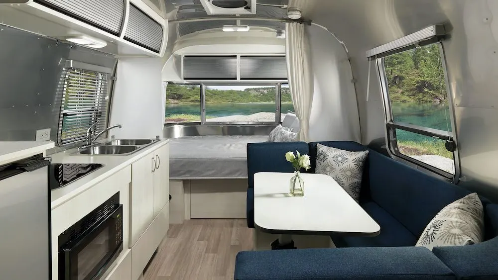 Interior view of an Airstream Bambi with modern interior