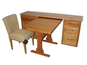 Wooden RV dinette credenza with one dinning chair.