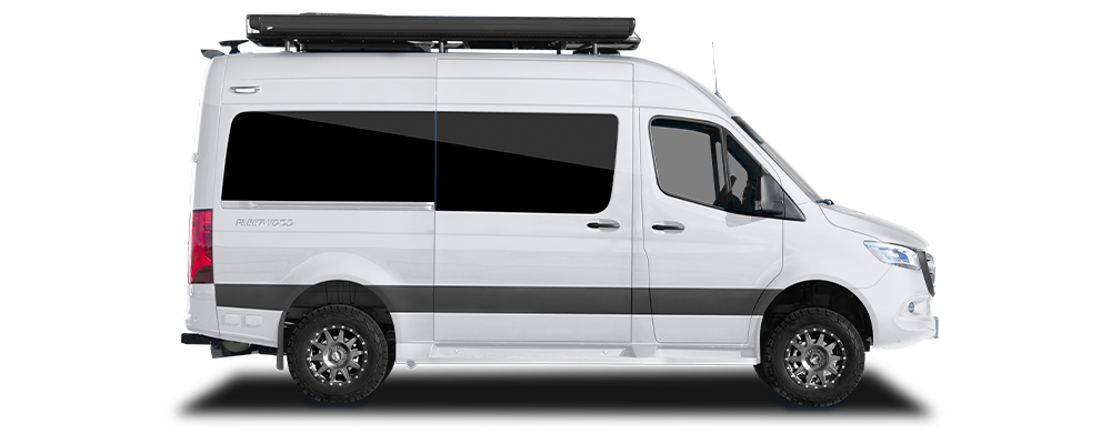 Exterior side view of a white Xcursion campervan by Fleetwood RV.