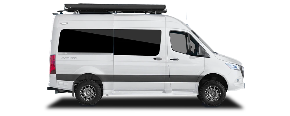 Exterior side view of a white Xcursion campervan by Fleetwood RV.