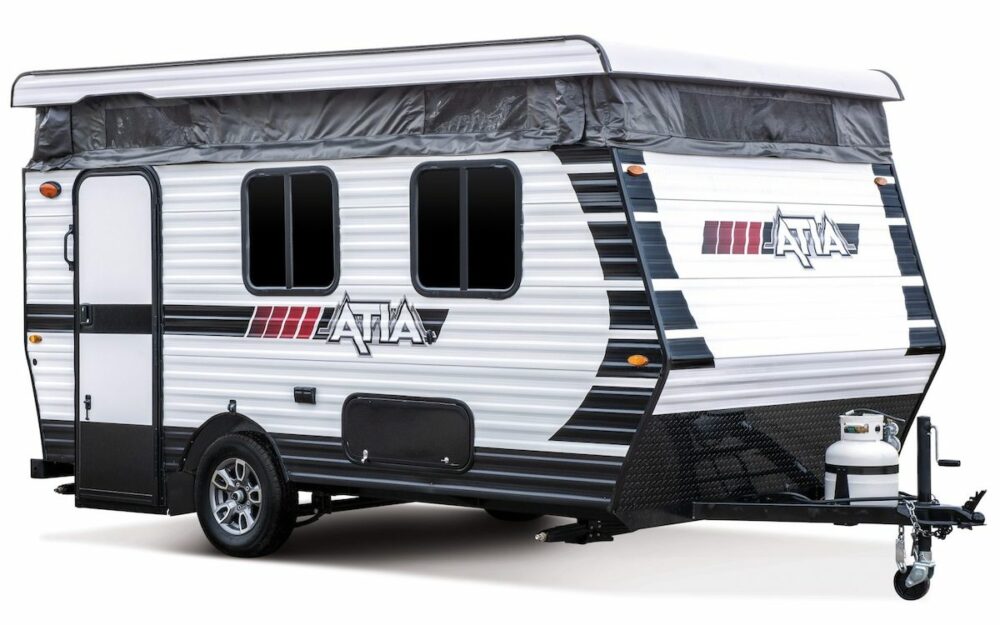 Exterior view of a white Atia RV GU147 travel trailer.