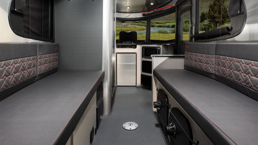 Interior of the Airstream Basecamp 16 lightweight travel trailer.