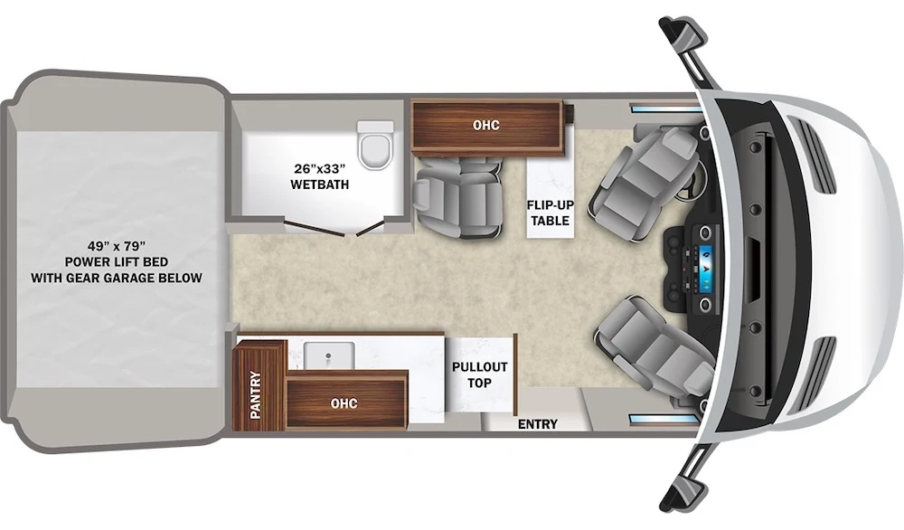 Floor plan of the Entegra Coach Launch Class B with a fixed bed in the rear.