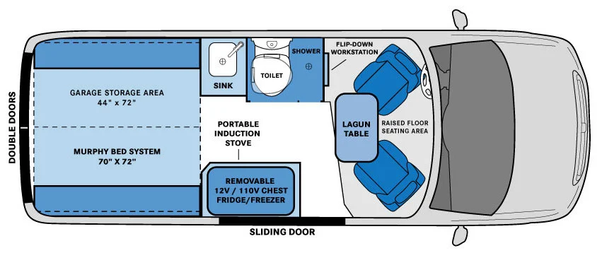 Floor plan diagram of the Pleasure-Way REKON 4x4 camper van.