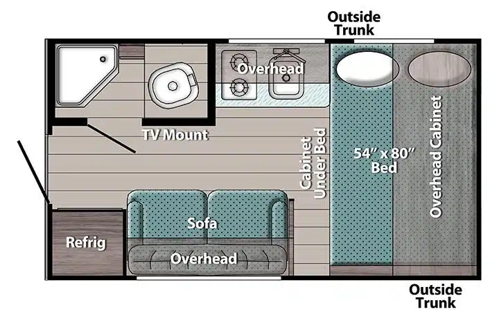 Floorplan drawing of the Ameri-Lite 14RE travel trailer.