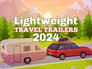 Illustration of car and travel trailer with text overlay that reads: Lightweight travel trailers 2024.