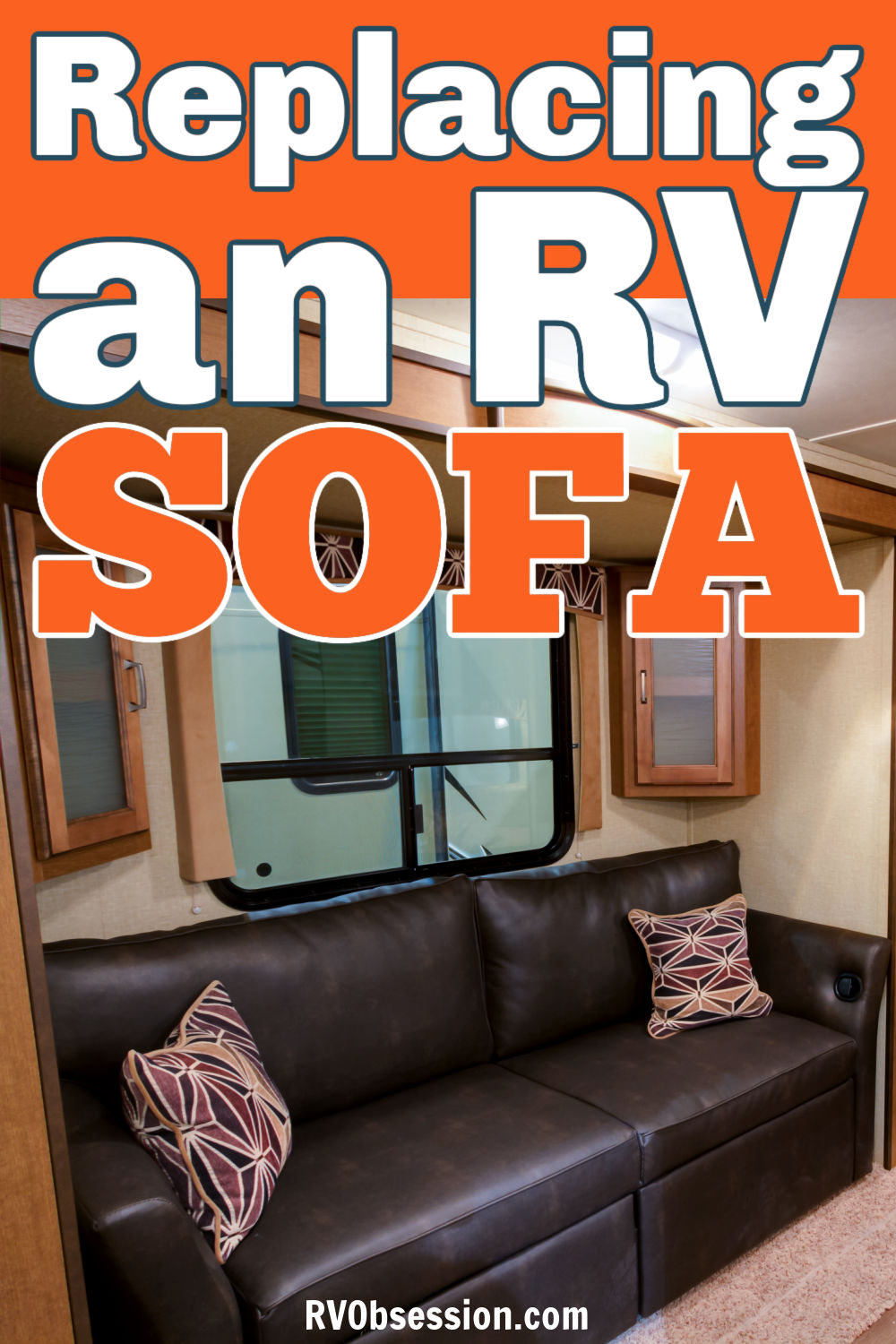 Dark sofa in an RV with text overlay that reads: Replacing an RV sofa.