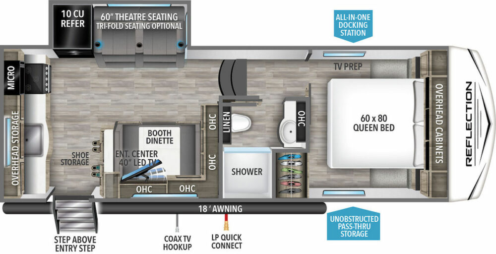 Floor plan of the Grand Design RV Reflection 100 Series 22RK fifth wheel camper.